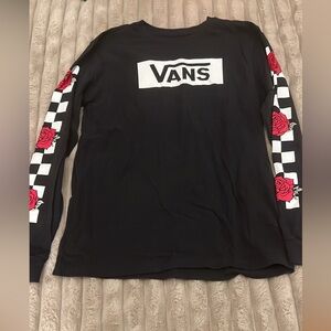 Vans Black Long-Sleeve Tee with Red Rose & White Checker Sleeves